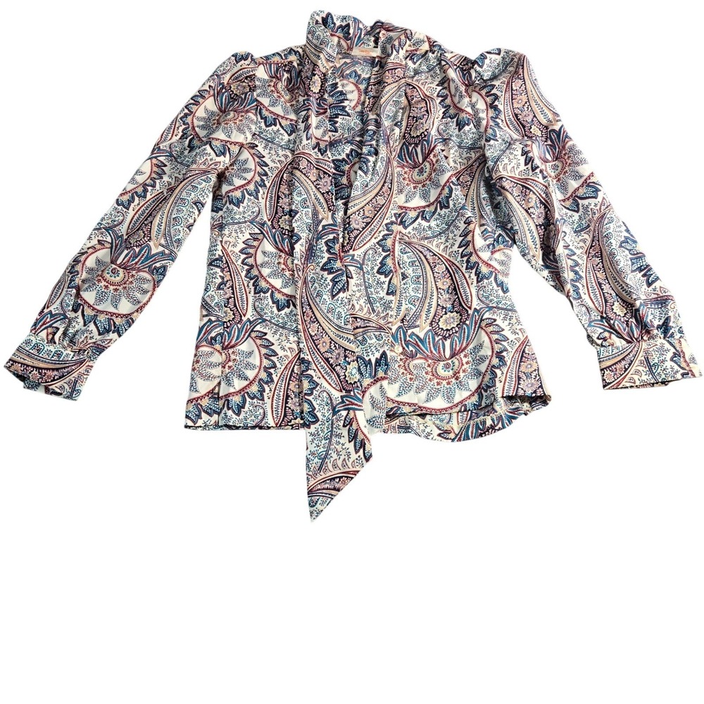 Donnkenny Vintage Paisley Puffy Bow Blouse Long Sleeve Tie Neck Blue Red Size 12